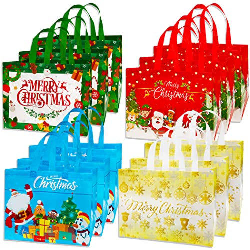 MISS FANTASY 12 Pack Durable Christmas Non-Woven Tote Bags 4 Patterns Reusable Grocery Bags Xmas Party Favors or Shopping Use Christmas Theme 12.8W x 9.8H x 2.8D (Red Blue Green and Golden)