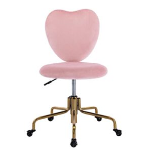 hny hi&yeah velvet cute desk chair with wheels, comfortable armless home office chairs heart backrest, adjustable height upholstered swivel accent vanity chair, pink