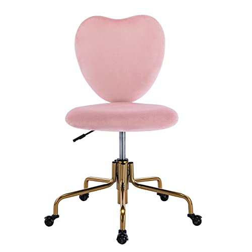 HNY Hi&Yeah Velvet Cute Desk Chair with Wheels, Comfortable Armless Home Office Chairs Heart Backrest, Adjustable Height Upholstered Swivel Accent Vanity Chair, Pink