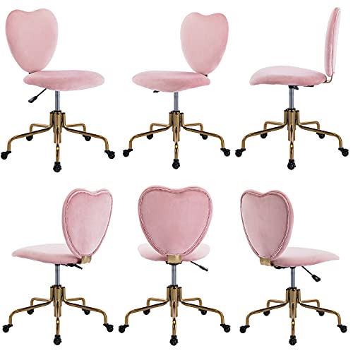 HNY Hi&Yeah Velvet Cute Desk Chair with Wheels, Comfortable Armless Home Office Chairs Heart Backrest, Adjustable Height Upholstered Swivel Accent Vanity Chair, Pink