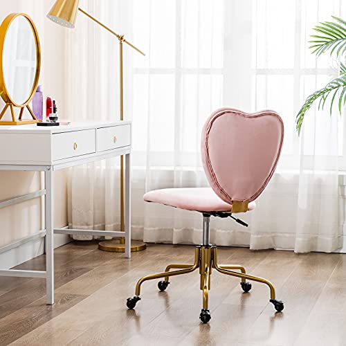 HNY Hi&Yeah Velvet Cute Desk Chair with Wheels, Comfortable Armless Home Office Chairs Heart Backrest, Adjustable Height Upholstered Swivel Accent Vanity Chair, Pink