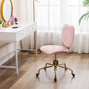 HNY Hi&Yeah Velvet Cute Desk Chair with Wheels, Comfortable Armless Home Office Chairs Heart Backrest, Adjustable Height Upholstered Swivel Accent Vanity Chair, Pink