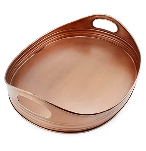 AuldHome Rustic Oval Copper Tray (16.5 x 12.5 Inches); Farmhouse Metal Decorative Serving Tray