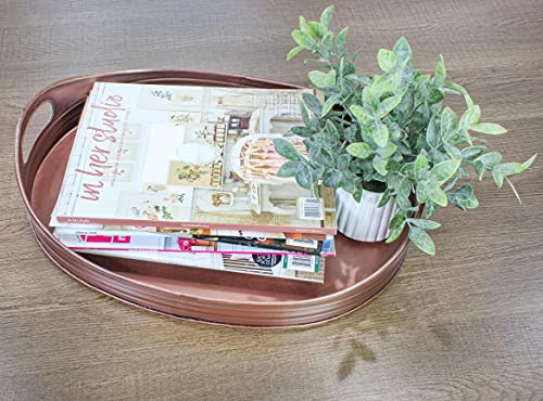 AuldHome Rustic Oval Copper Tray (16.5 x 12.5 Inches); Farmhouse Metal Decorative Serving Tray