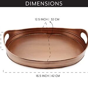 AuldHome Rustic Oval Copper Tray (16.5 x 12.5 Inches); Farmhouse Metal Decorative Serving Tray