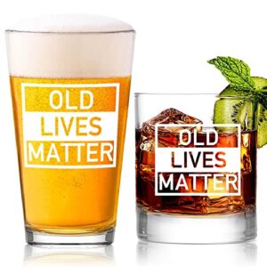 Vivimee Old Lives Matter Beer Glasses & Whiskey Scotch Glasses, Funny Retirement or Birthday Gifts for Dad, Grandpa, Old Man, or Senior Citizen, Gift for Men, Gag Gifts for Men, Mens Gifts