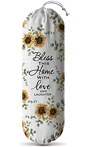 Hglian Sunflower Grocery Storage Bag Holder Wall Mount Plastic Bag Dispenser Garbage Shopping Trash Bags Container Organizer Quote Religious Sayings Farmhouse Kitchen Decor Home Blessing