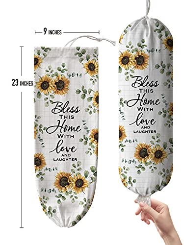 Hglian Sunflower Grocery Storage Bag Holder Wall Mount Plastic Bag Dispenser Garbage Shopping Trash Bags Container Organizer Quote Religious Sayings Farmhouse Kitchen Decor Home Blessing