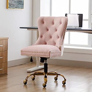 ZHENGHAO Velvet Vanity Chair with Gold Swivel Base, Upholstered Tufted Accent Office Desk Chair, Adjustable Armless Task Chair for Women Living Room Bedroom Makeup, Blush Pink