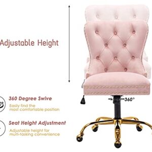 ZHENGHAO Velvet Vanity Chair with Gold Swivel Base, Upholstered Tufted Accent Office Desk Chair, Adjustable Armless Task Chair for Women Living Room Bedroom Makeup, Blush Pink