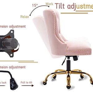 ZHENGHAO Velvet Vanity Chair with Gold Swivel Base, Upholstered Tufted Accent Office Desk Chair, Adjustable Armless Task Chair for Women Living Room Bedroom Makeup, Blush Pink