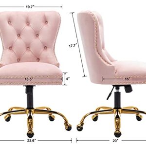 ZHENGHAO Velvet Vanity Chair with Gold Swivel Base, Upholstered Tufted Accent Office Desk Chair, Adjustable Armless Task Chair for Women Living Room Bedroom Makeup, Blush Pink