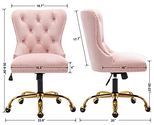 ZHENGHAO Velvet Vanity Chair with Gold Swivel Base, Upholstered Tufted Accent Office Desk Chair, Adjustable Armless Task Chair for Women Living Room Bedroom Makeup, Blush Pink