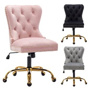 ZHENGHAO Velvet Vanity Chair with Gold Swivel Base, Upholstered Tufted Accent Office Desk Chair, Adjustable Armless Task Chair for Women Living Room Bedroom Makeup, Blush Pink