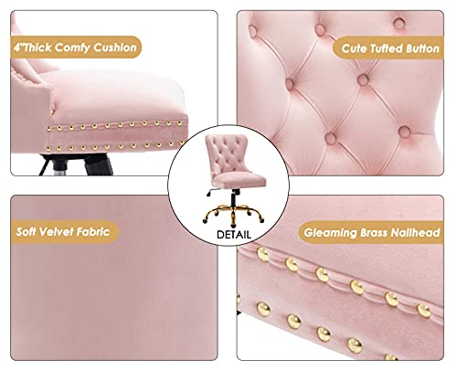 ZHENGHAO Velvet Vanity Chair with Gold Swivel Base, Upholstered Tufted Accent Office Desk Chair, Adjustable Armless Task Chair for Women Living Room Bedroom Makeup, Blush Pink