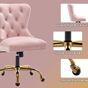 ZHENGHAO Velvet Vanity Chair with Gold Swivel Base, Upholstered Tufted Accent Office Desk Chair, Adjustable Armless Task Chair for Women Living Room Bedroom Makeup, Blush Pink