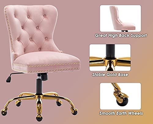 ZHENGHAO Velvet Vanity Chair with Gold Swivel Base, Upholstered Tufted Accent Office Desk Chair, Adjustable Armless Task Chair for Women Living Room Bedroom Makeup, Blush Pink