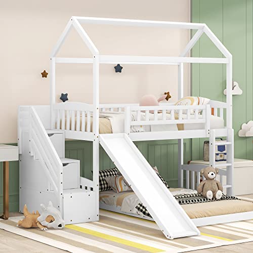 Bunk Bed with Slide, House Bunk Beds Twin Over Twin Stairway Bunk Beds Playhouse Bunkbed with Storage for Kids Toddlers Girls/Boys, White