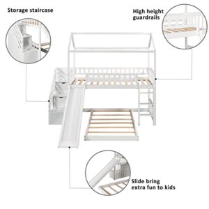 Bunk Bed with Slide, House Bunk Beds Twin Over Twin Stairway Bunk Beds Playhouse Bunkbed with Storage for Kids Toddlers Girls/Boys, White