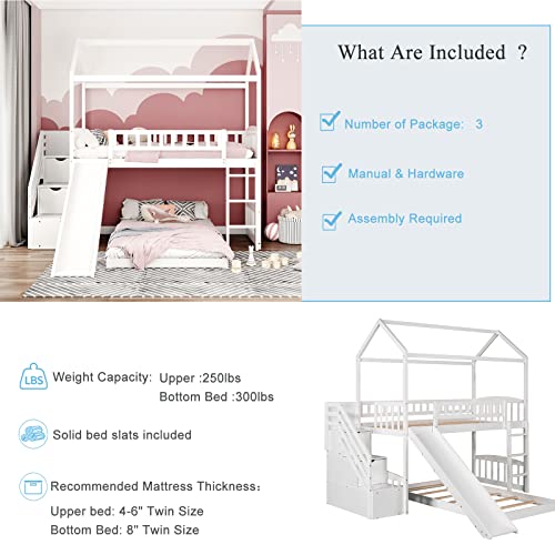 Bunk Bed with Slide, House Bunk Beds Twin Over Twin Stairway Bunk Beds Playhouse Bunkbed with Storage for Kids Toddlers Girls/Boys, White