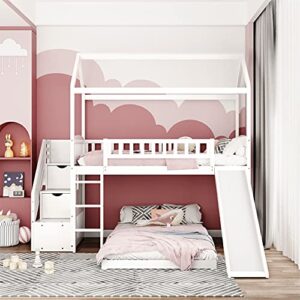 Bunk Bed with Slide, House Bunk Beds Twin Over Twin Stairway Bunk Beds Playhouse Bunkbed with Storage for Kids Toddlers Girls/Boys, White