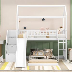 Bunk Bed with Slide, House Bunk Beds Twin Over Twin Stairway Bunk Beds Playhouse Bunkbed with Storage for Kids Toddlers Girls/Boys, White
