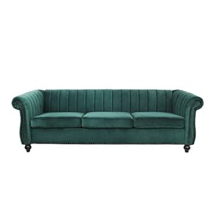 nosga 84” chesterfield fabric 3 seater couch furniture, velvet deep stripe chesterfield tufted sofa couch, upholstered sofa couches with nailhead trim scroll arms for living room(dark green)