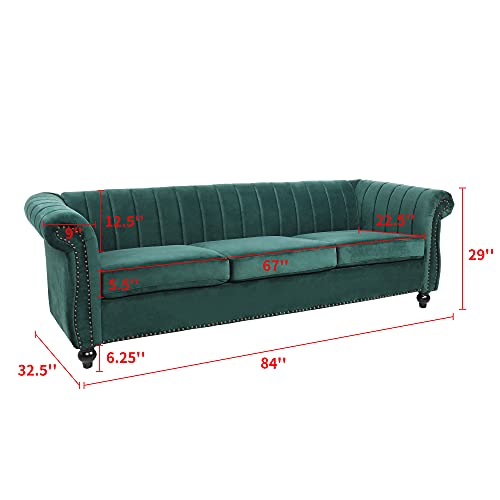 NOSGA 84” Chesterfield Fabric 3 Seater Couch Furniture, Velvet Deep Stripe Chesterfield Tufted Sofa Couch, Upholstered Sofa Couches with Nailhead Trim Scroll Arms for Living Room(Dark Green)