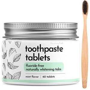 toothpaste tablets and bamboo toothbrush - travel teeth whitening tabs for adults & kids, fluoride-free, gluten-free, plastic-free, vegan, travel friendly, eco-friendly, spearmint (60 tabs)