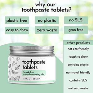 Toothpaste Tablets and Bamboo Toothbrush - Travel Teeth Whitening Tabs for Adults & Kids, Fluoride-Free, Gluten-Free, Plastic-Free, Vegan, Travel Friendly, Eco-Friendly, Spearmint (60 Tabs)