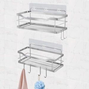 adhesive hanging shower caddy organizer shelf for inside shower with 6 movable hooks, 304 stainless steel, wall mount no drilling, spice rack for kitchen storage -silver, 2-pack