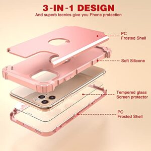 IDweel iPhone 11 Pro Max Case with Tempered Glass Screen Protector, Hybrid 3 in 1 Shockproof Slim Heavy Duty Protection Hard PC Cover Soft Silicone Rugged Bumper Full Body Case, Rose Gold