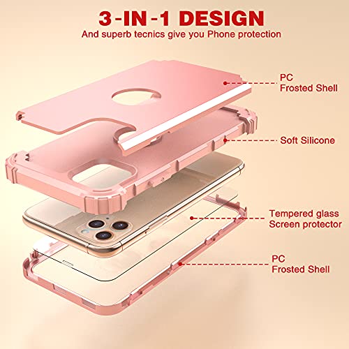 IDweel iPhone 11 Pro Max Case with Tempered Glass Screen Protector, Hybrid 3 in 1 Shockproof Slim Heavy Duty Protection Hard PC Cover Soft Silicone Rugged Bumper Full Body Case, Rose Gold