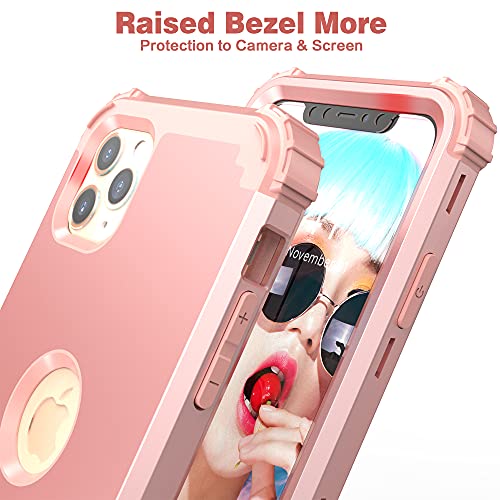 IDweel iPhone 11 Pro Max Case with Tempered Glass Screen Protector, Hybrid 3 in 1 Shockproof Slim Heavy Duty Protection Hard PC Cover Soft Silicone Rugged Bumper Full Body Case, Rose Gold