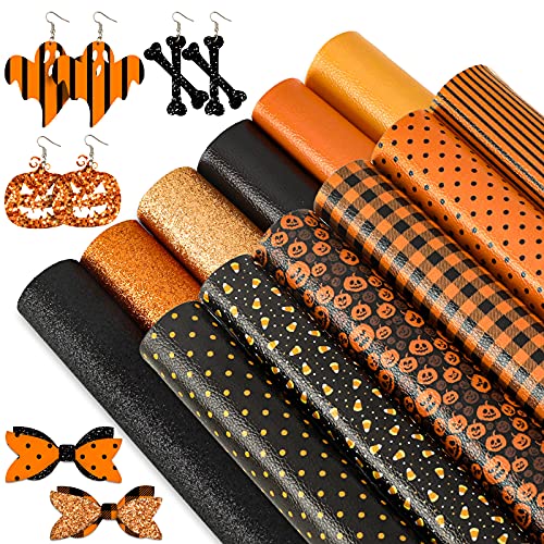 Whaline Halloween Faux Leather Sheets 8 x 12 Inch Pumpkin Plaid Dots Stripe Synthetic Leather Fabric Glittery Black Orange Faux Leather for Halloween DIY Craft Earring Hair Bow, 12 Sheet