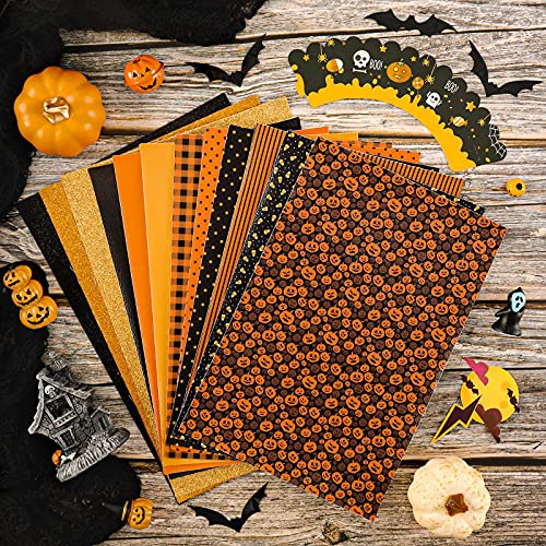 Whaline Halloween Faux Leather Sheets 8 x 12 Inch Pumpkin Plaid Dots Stripe Synthetic Leather Fabric Glittery Black Orange Faux Leather for Halloween DIY Craft Earring Hair Bow, 12 Sheet