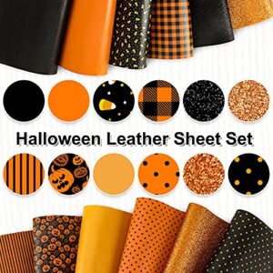 Whaline Halloween Faux Leather Sheets 8 x 12 Inch Pumpkin Plaid Dots Stripe Synthetic Leather Fabric Glittery Black Orange Faux Leather for Halloween DIY Craft Earring Hair Bow, 12 Sheet