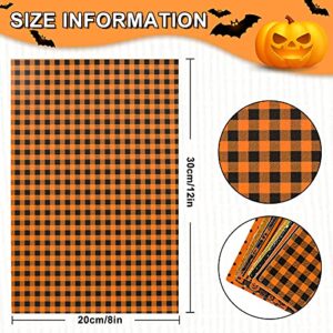 Whaline Halloween Faux Leather Sheets 8 x 12 Inch Pumpkin Plaid Dots Stripe Synthetic Leather Fabric Glittery Black Orange Faux Leather for Halloween DIY Craft Earring Hair Bow, 12 Sheet