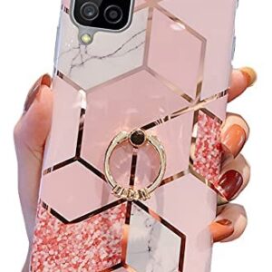 Qokey Compatible for Samsung Galaxy A12 Case,Bling Cute for Women Girls with 360 Degree Rotating Ring Kickstand Soft TPU Shockproof Cover Designed for Galaxy A12 6.5 inch 2020 Released Rhombic Marble