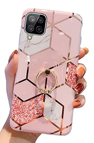 Qokey Compatible for Samsung Galaxy A12 Case,Bling Cute for Women Girls with 360 Degree Rotating Ring Kickstand Soft TPU Shockproof Cover Designed for Galaxy A12 6.5 inch 2020 Released Rhombic Marble