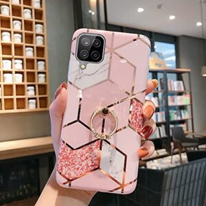 Qokey Compatible for Samsung Galaxy A12 Case,Bling Cute for Women Girls with 360 Degree Rotating Ring Kickstand Soft TPU Shockproof Cover Designed for Galaxy A12 6.5 inch 2020 Released Rhombic Marble