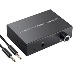 linkfor 4 port 3.5mm stereo audio splitter, 3.5mm audio splitter switcher supports 4 outputs simultaneously with volume control for passive speaker, headphone, pc, mp3, laptop