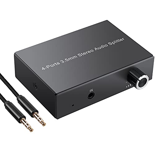 LiNKFOR 4 Port 3.5mm Stereo Audio Splitter, 3.5mm Audio Splitter Switcher Supports 4 Outputs Simultaneously with Volume Control for Passive Speaker, Headphone, PC, MP3, Laptop