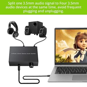 LiNKFOR 4 Port 3.5mm Stereo Audio Splitter, 3.5mm Audio Splitter Switcher Supports 4 Outputs Simultaneously with Volume Control for Passive Speaker, Headphone, PC, MP3, Laptop