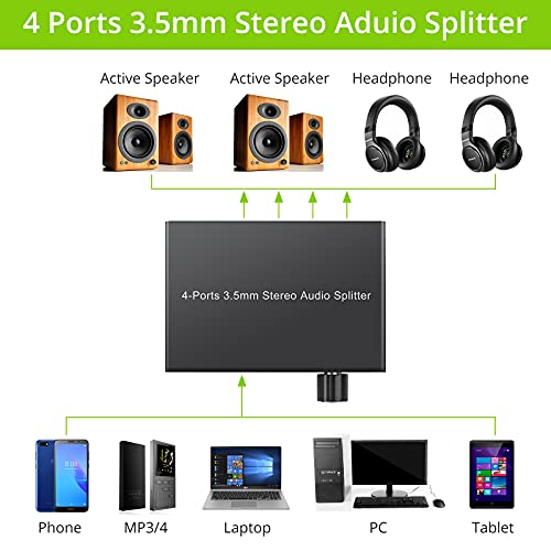 LiNKFOR 4 Port 3.5mm Stereo Audio Splitter, 3.5mm Audio Splitter Switcher Supports 4 Outputs Simultaneously with Volume Control for Passive Speaker, Headphone, PC, MP3, Laptop