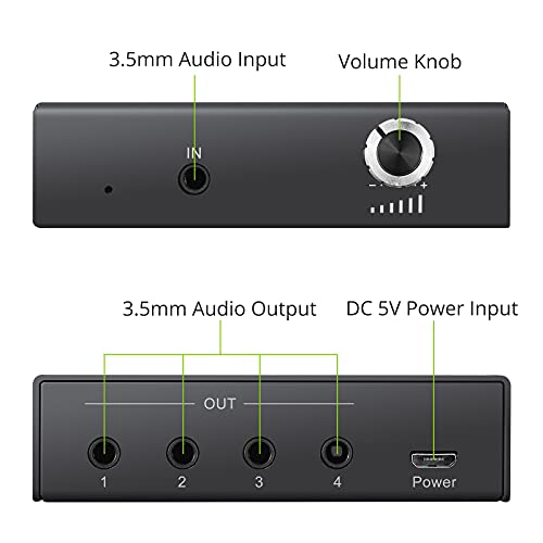 LiNKFOR 4 Port 3.5mm Stereo Audio Splitter, 3.5mm Audio Splitter Switcher Supports 4 Outputs Simultaneously with Volume Control for Passive Speaker, Headphone, PC, MP3, Laptop