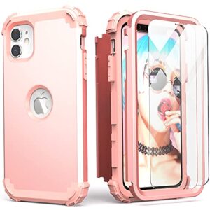 iphone 11 case with tempered glass screen protector,idweel hybrid 3 in 1 shockproof slim heavy duty protection hard pc cover soft silicone rugged bumper full body case, rose gold