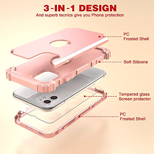 iPhone 11 Case with Tempered Glass Screen Protector,IDweel Hybrid 3 in 1 Shockproof Slim Heavy Duty Protection Hard PC Cover Soft Silicone Rugged Bumper Full Body Case, Rose Gold