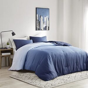 madison park 100% sateen cotton comforter set, breathable, soft cover, trendy, all season down alternative cozy bedding with matching shams, full/queen (90 in x 90 in), indigo blue 3 piece