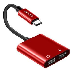 agvee dual usb-c headphone & charging adapter, type-c earbud splitter, duo usbc audio & charger jack earphone dongle for samsung s21 s20 fe 5g ultra, note 20 10, ipad pro, pixel 2 3 4 5 xl, red